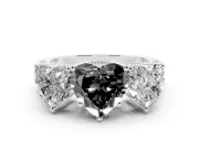 Heart-Shaped Three Stone Engagement Ring Setting for a Black Center | Beaded Shoulders | White Gold