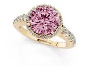 Fancy Pink Round Cut Diamond Halo Engagement Ring Set in Yellow gold with Pavé Band and Prong Setting