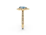 Fancy Blue Pear Cut Diamond Halo Milgrain Pavé Ring Set in Yellow gold with Prong Setting