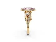 Fancy Pink Marquise Cut Diamond Halo Ring Set in Yellow gold with Milgrain Pavé Band and Prong Setting