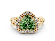 Fancy Green Heart Cut Diamond Halo Ring Set in Yellow gold with Scrollwork Band and Prong Setting