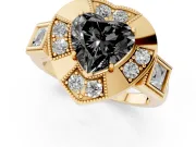 Heart-Shaped Milgrain Sectioned Halo Engagement Ring Setting for a Black Center | Yellow Gold