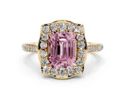 Emerald Cut Petal Tip Halo Engagement Ring Setting for a Fancy Pink Lab-Grown Diamond | Pavé Band | Yellow Gold