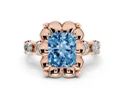 Fancy Blue Radiant Cut Diamond Floral Halo Ring Set in Rose gold with Shared Prong Band