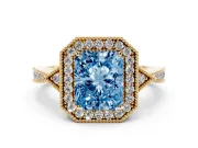Fancy Blue Radiant Cut Diamond Halo Engagement Ring Set in Yellow gold with Milgrain Pavé Band