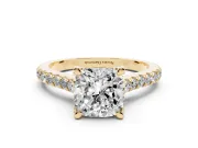 Cushion Cut Hidden Halo Pave Engagement Ring Setting | Claw Prongs | Yellow Gold