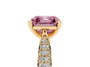 Fancy Pink Asscher Cut Diamond Solitaire Engagement Ring Set in Yellow gold with Multi-Row Round Pavé Band and Prong Setting