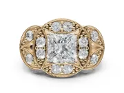 Princess Cut Vintage Floral Halo Engagement Ring Setting | Engraved Milgrain Band | Yellow Gold