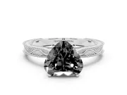 Fancy Black Heart Cut Diamond Solitaire Milgrain Engraved Band Set in White gold with Prong Setting