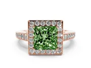 Fancy Green Princess Cut Diamond Halo Pavé Engagement Ring Set in Rose gold with Bezel Setting