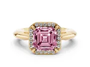 Fancy Pink Asscher Cut Diamond Halo Engagement Ring Set in Yellow gold with Plain Split Shank and Prong Setting