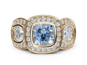 Cushion Cut Three Stone Halo Engagement Ring Setting for a Fancy Blue Lab-Grown Diamond | Bezel Set | Yellow Gold