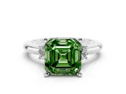 Fancy Green Three-Stone Asscher Cut Diamond Ring Set in White gold with Prong Setting and Plain Band