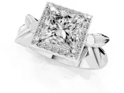Princess Cut Floral Halo Engagement Ring Setting | Leaf Shoulders | Platinum