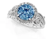 Fancy Blue Round Cut Diamond Halo Ring Set in White gold with Milgrain Pavé Band and Prong Setting