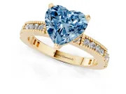 Fancy Blue Heart Cut Diamond Solitaire Ring Set in Yellow gold with Slim Pavé Band and Prong Setting