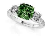 Fancy Green Cushion Cut Diamond Three-Stone Ring Set in White gold with Round Side Stones and Delicate Pavé Band