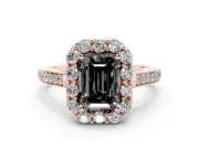 Fancy Black Emerald Cut Diamond Floral Halo Ring Set in Rose gold with Pavé Band and Prong Setting