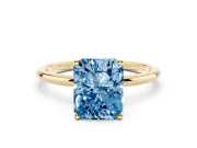 Fancy Blue Radiant Cut Diamond Solitaire Engagement Ring Set in Yellow gold with Thin Band and Prong Setting