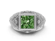 Fancy Green Princess Cut Diamond Bezel Ring Set in Platinum with Milgrain Accent Band