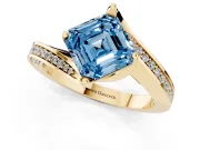 Fancy Blue Asscher Cut Diamond Solitaire Ring Set in Yellow gold with Intertwined Pavé Twist Band