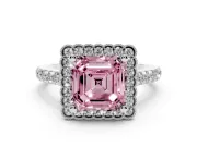 Fancy Pink Asscher Cut Diamond Milgrain Floral Halo Engagement Ring Set in Silver with Pavé Band