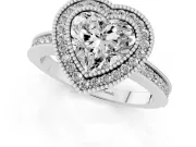 Heart Cut Diamond Halo Ring Set in Platinum with Pavé Band and Milgrain-Edged Prongs