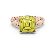 Fancy Yellow Asscher Cut Diamond Filigree Halo Engagement Ring Set in Rose gold with Prong Setting