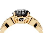 Fancy Black Round Cut Diamond Milgrain Leaf Band Solitaire Ring Set in Yellow gold with Accent Stones and Prong Setting