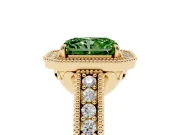 Fancy Green Radiant Cut Diamond Halo Ring Set in Yellow gold with Round Accent Halo, Pavé Band and Prong Setting
