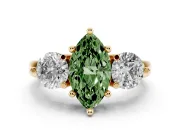 Fancy Green Marquise Cut Diamond Three-Stone Ring Set in Yellow gold with Prong Setting and Classic Band