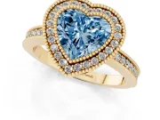 Fancy Blue Heart Cut Diamond Round Halo Ring Set in Yellow gold with Pavé Band