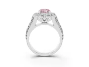 Fancy Pink Oval Cut Diamond Halo Engagement Ring Set in Platinum with Split Shank and Prong Setting