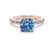 Fancy Blue Cushion Cut Diamond Solitaire Set in Rose gold with Round Pavé Band and Prong Setting