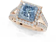 Princess Cut Halo Pavé Engagement Ring Setting for a Fancy Blue Lab-Grown Diamond | Narrow Split Shank | Rose Gold