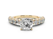 Cushion Cut Shared Prong Engagement Ring Setting | Two-Row Band | Yellow Gold