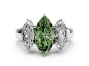 Fancy Green Three-Stone Marquise Cut Diamond Ring Set in Silver with Matching Prong Settings and Plain Band