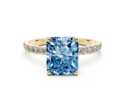 Radiant Cut Pave Solitaire Engagement Ring Setting for a Fancy Blue Lab-Grown Diamond | Pave Shoulders | Yellow Gold