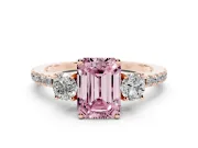 Emerald Cut Three Stone Engagement Ring Setting for a Fancy Pink Lab-Grown Diamond | Pave Shoulders | Rose Gold