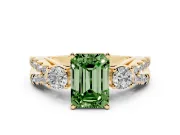 Fancy Green Emerald Cut Diamond Three-Stone Ring Set in Yellow gold with Pavé Split Shank and Prong Setting