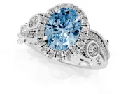 Fancy Blue Oval Cut Diamond Halo Ring Set in Silver with Milgrain Pavé Band and Prong Setting