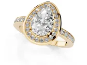 Pear Cut Diamond Halo Ring Set in Yellow gold with Bezel Frame and Pavé Band