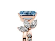 Fancy Blue Emerald Cut Diamond Floral Vine Solitaire Engagement Ring Set in Rose gold with Marquise Leaves