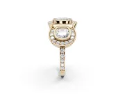 Cushion Cut Three Stone Halo Engagement Ring Setting | Bezel Set | Yellow Gold
