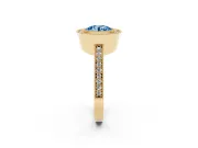 Fancy Blue Round Cut Diamond Halo Engagement Ring Set in Yellow gold with Pavé Band and Round Halo Stones