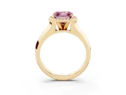 Fancy Pink Asscher Cut Diamond Halo Ring Set in Yellow gold with Cathedral Band and Prong Setting