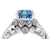 Fancy Blue Cushion Cut Diamond Filigree Halo Engagement Ring Set in Silver with Prong Setting