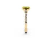 Fancy Yellow Emerald Cut Diamond Solitaire Engagement Ring Set in Yellow gold with Delicate Pavé Band and Prong Setting