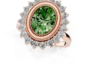 Fancy Green Oval Cut Diamond Halo Ring Set in Rose gold with Milgrain Edge and Round Prong Setting
