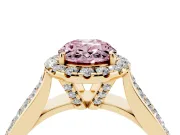 Fancy Pink Oval Cut Diamond Halo Ring Set in Yellow gold with Pavé Band and Raised Center Setting
